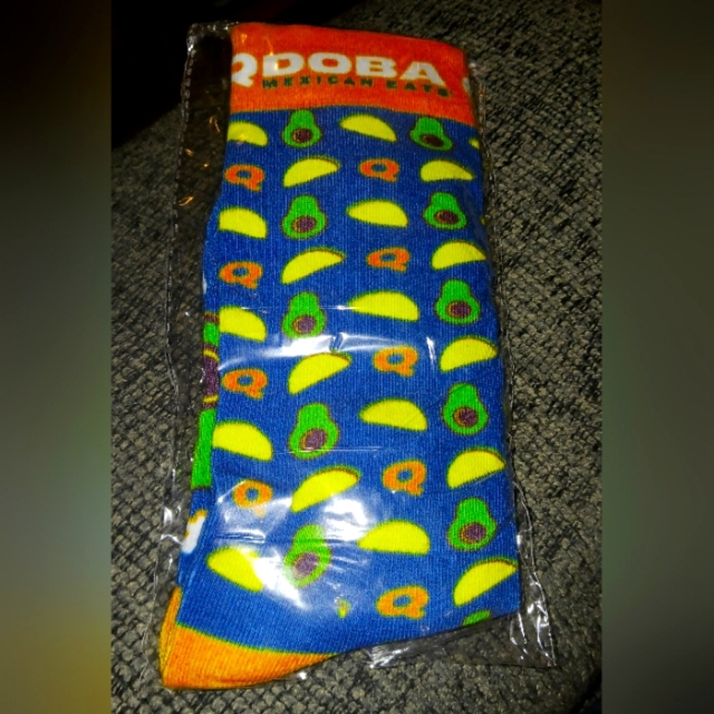 New, wrapped Qdoba Avocado Patterned Blue Socks